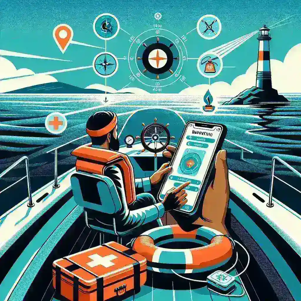 "Person using a boating app on a smartphone to navigate safely on a lake, showcasing features like maps and safety alerts"