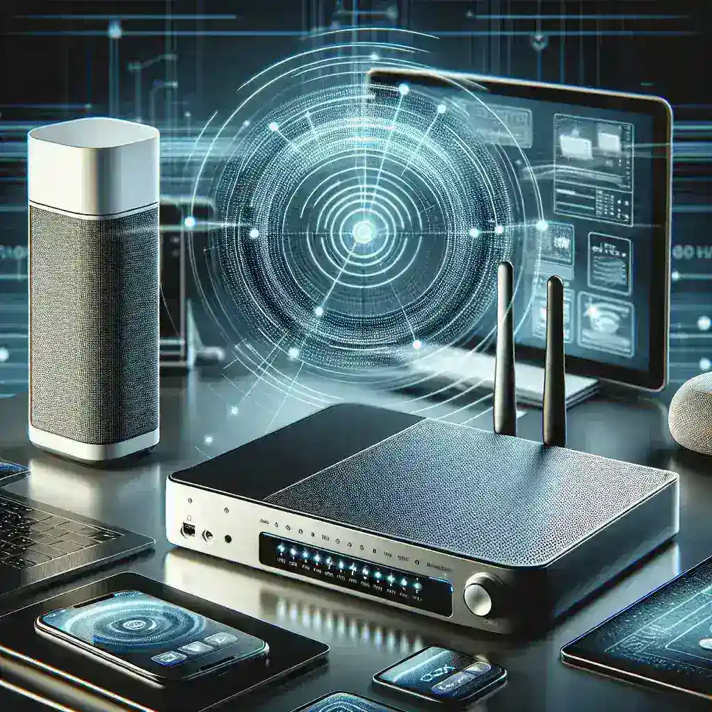 "High-quality mesh Wi-Fi system setup illustrating seamless connectivity in a modern home environment, showcasing multiple routers and devices for optimal wireless coverage and performance."